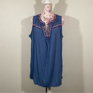 Whispers New York sz:0X Blue Sleeveless Gauze Top Diamond  Embroidery High-Low